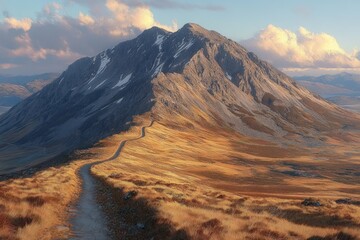 Naklejka premium Winding dirt path leading through golden grassy hills towards a large rugged mountain under a partly cloudy sky during golden hour