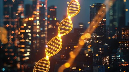 Luminous golden dna double helix hovers above a blurred cityscape at night, symbolizing the intersection of biology, technology, and urban development in a futuristic setting - Powered by Adobe