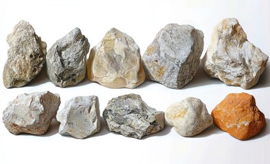 Obraz premium Collection of ten variously shaped and colored natural rocks arranged in two rows on a white background conveying a sense of earthiness and natural texture