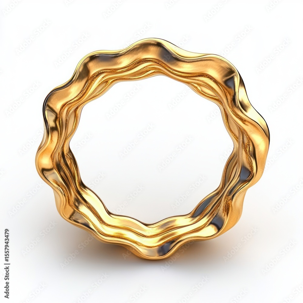 Poster shiny golden abstract ring with wavy edges and smooth reflective surface on a white background