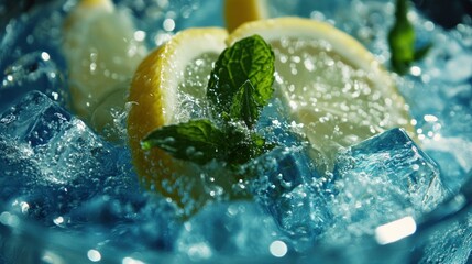 Close-up of a blue cocktail with lemon slices and mint