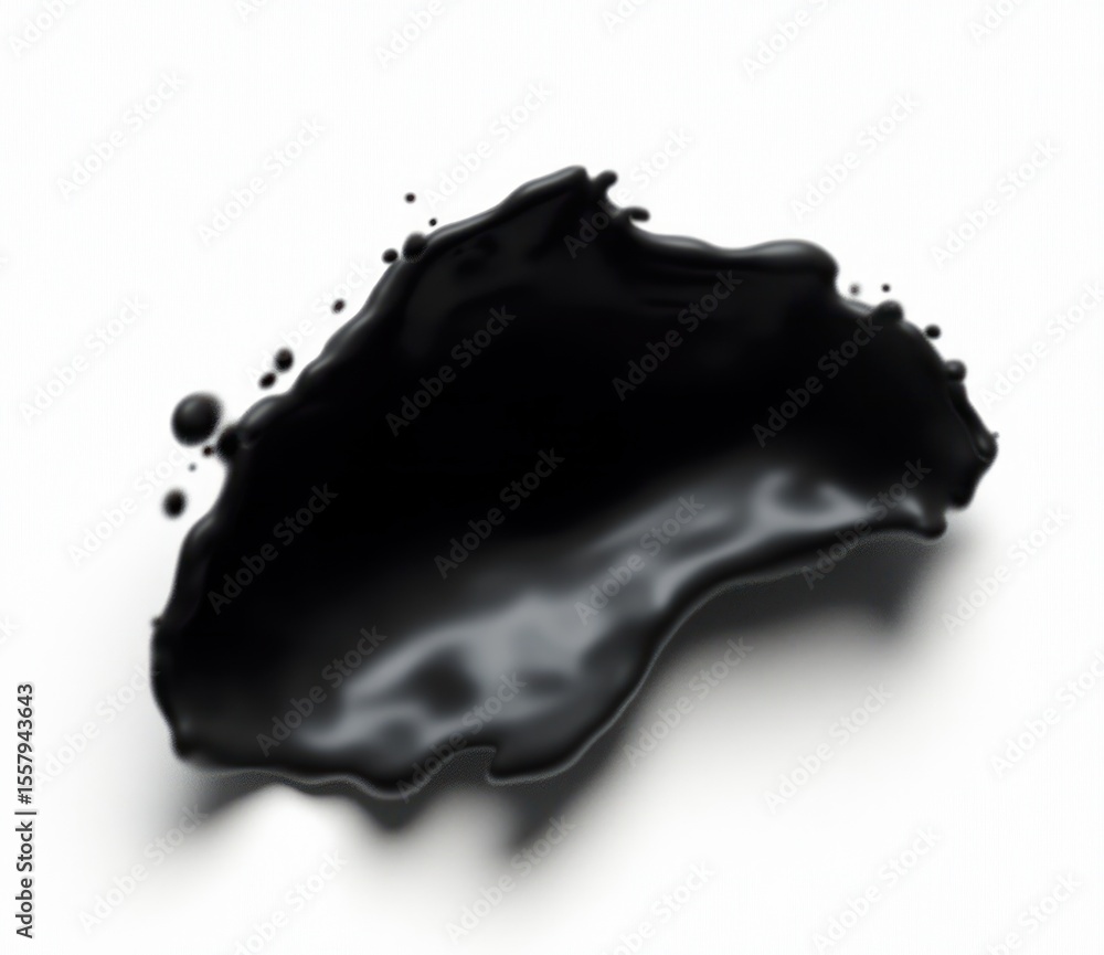 Poster splash of viscous black liquid isolated on white background with smooth edges and small droplets aro