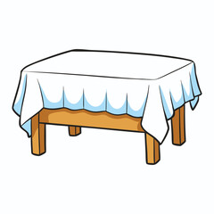 A cozy cartoon table draped with a crisp white cloth, softly flowing over the edges, perfect for a friendly meal or charming tea-time scene.
