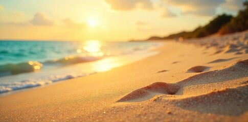 Golden Hour Sunlight Warms Smooth Sand Perfect Summer Beach Scene for Relaxation, Travel, and Vacation. Ideal for promoting sunscreen, swimwear, or travel destinations.