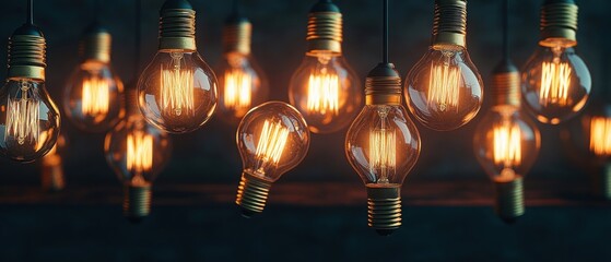 Multiple vintage incandescent light bulbs glowing warmly while hanging at different heights in a dimly lit setting, creating a cozy and inviting atmosphere