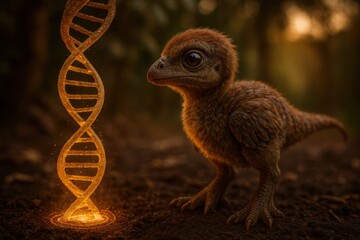Futuristic baby dinosaur with DNA – Use for digital evolution or genetic themes.