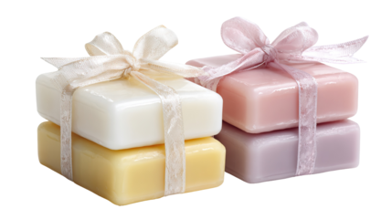 Stacked gift soaps in three different colors partially unwrapped on transparent background