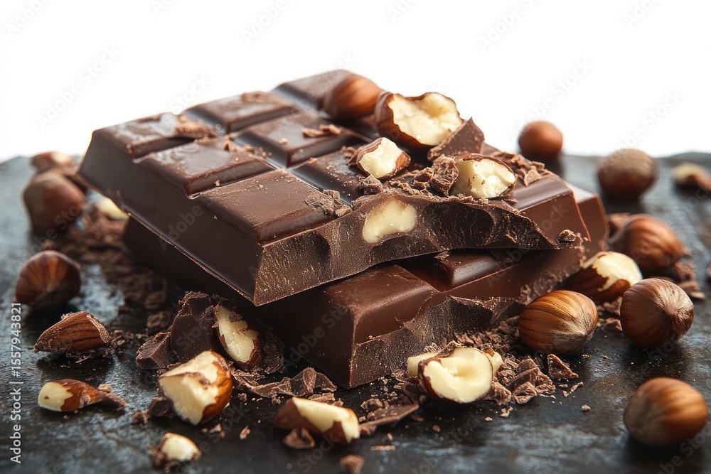 Poster close-up of broken dark chocolate bars with hazelnuts surrounded by whole and chopped hazelnuts on d