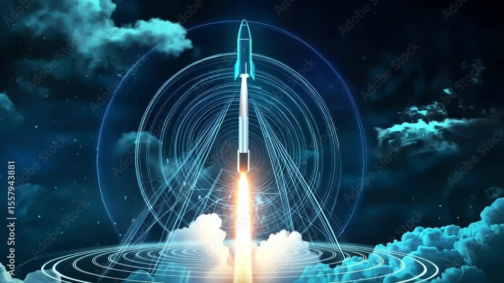 Poster futuristic rocket ship launching into space through a cloud computing network, leaving a bright trai