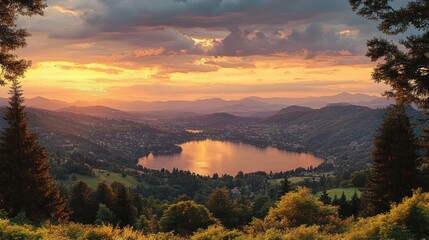 Obraz premium Serene sunset over a lake surrounded by lush rolling hills and scattered houses with dramatic clouds and warm golden light reflecting on calm water