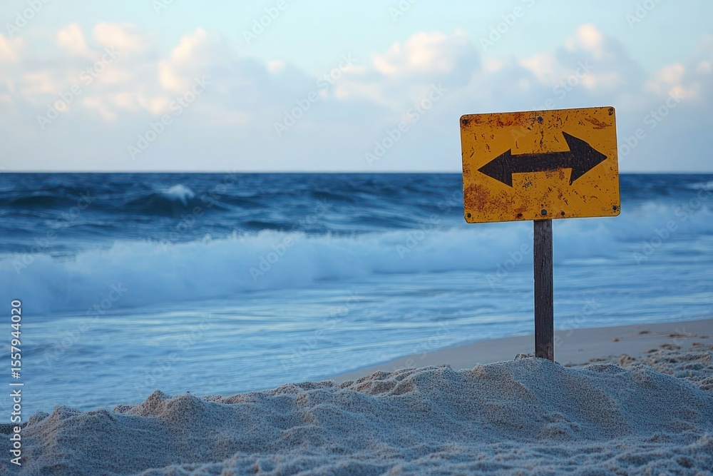 Poster rusty yellow directional sign with two arrows pointing left and right standing on a sandy beach with