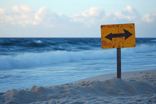 Rusty yellow directional sign with two arrows pointing left and right standing on a sandy beach with ocean waves and cloudy sky in the background