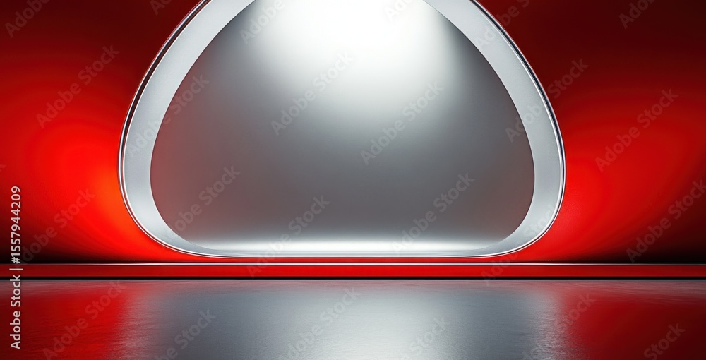 Poster futuristic empty interior room with reflective floor and smooth curving white and red illuminated wa