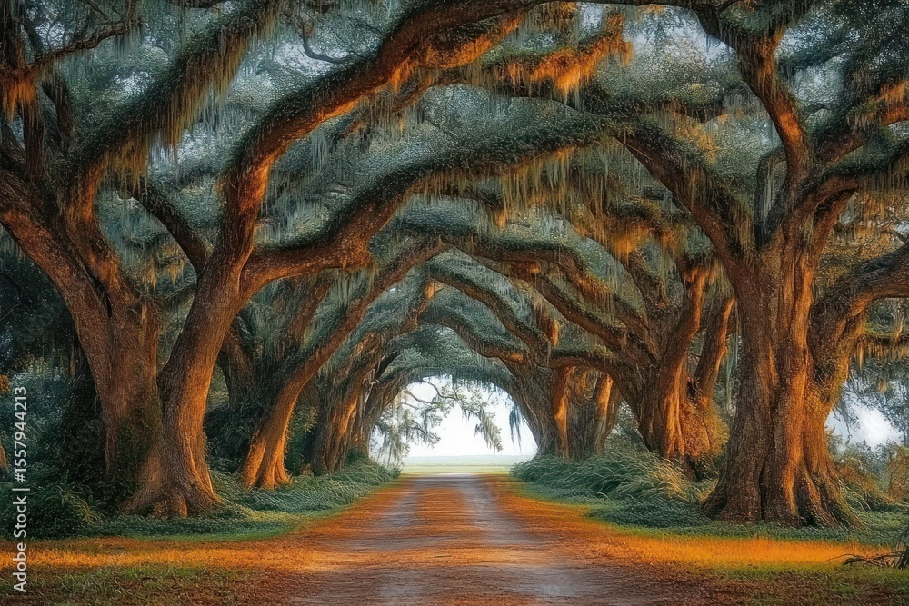 Poster sunlight filtering through large oak trees with sprawling branches forming a natural archway over a 