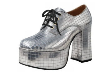 Metallic platform shoes gleaming under disco lights, silver surface reflecting mirrored tiles, black lace details, transparent background