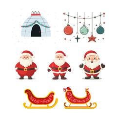 Christmas design elements santa, gift, tree, penguins, snow, sled. Vector illustration of set of isolated on plain background new year elements.