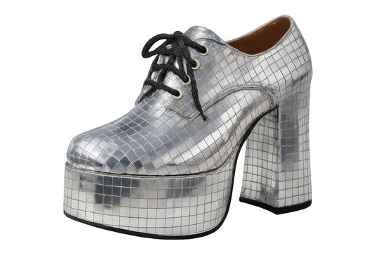 Metallic platform shoes gleaming under disco lights, silver surface reflecting mirrored tiles, black lace details, transparent background