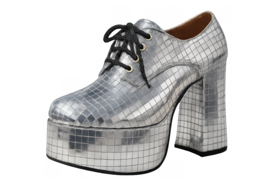 Metallic platform shoes gleaming under disco lights, silver surface reflecting mirrored tiles, black lace details, transparent background