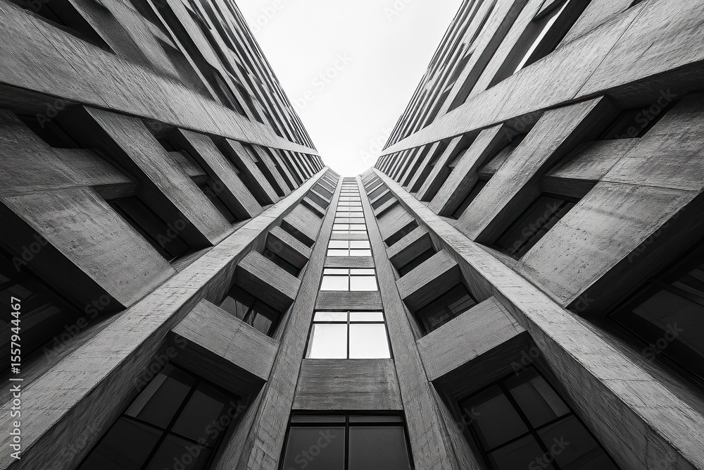 Poster monochrome photo looking up between two tall concrete buildings with symmetrical rectangular windows