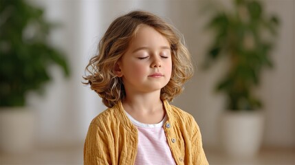 Mindfulness for children and art, A young child with curly hair sits calmly with eyes closed, seemingly meditating or resting in a softly lit indoor space.