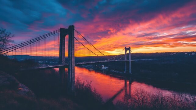 Sunrise hues paint a cable-stayed bridge over a river