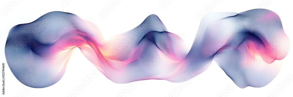 Poster flowing abstract ribbons with smooth curves in soft purple and pink hues blending into white backgro