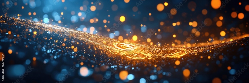 Poster abstract digital landscape with flowing golden particles and bright glowing rings creating a dynamic