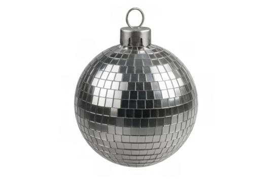 Classic silver disco ball christmas ornament hanging, isolated on transparent background, perfect for festive designs