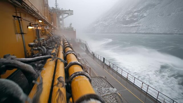 An image of the urea storage tank on a ships deck featuring a safety spill containment tray with hoses and fittings securely connected set against a backdrop of rugged maritime weather