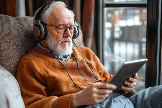 Elderly man with white beard and glasses sitting on couch wearing headphones and using a digital tablet near a window - Powered by Adobe