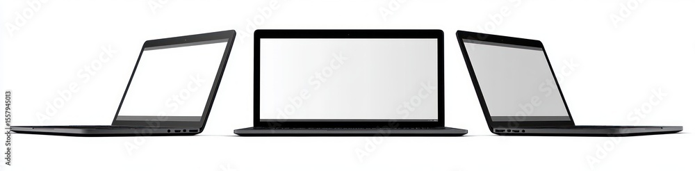 Poster three black laptops displayed side by side on white background with blank screens showing different 