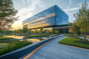 Obraz premium Modern glass office building with reflective windows during sunset surrounded by landscaped gardens, water features, and trees along paved walkways emitting a calm and serene atmosphere