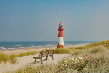 Picturesque Lighthouse on Sylt Island, Germany, Overlooking the North Sea with a Bench in Foreground