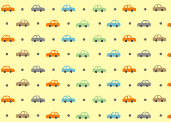 A Car illustration pattern with yellow background, fabric packaging, textile illustration hand drawn print ads, kids wear business. Transportation and travel business