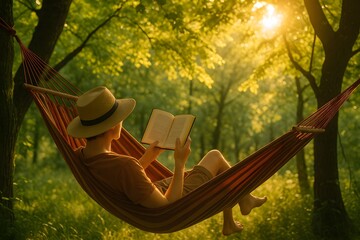Person Reading a Book in a Hammock Under Sunlight Filtering Through Green Trees