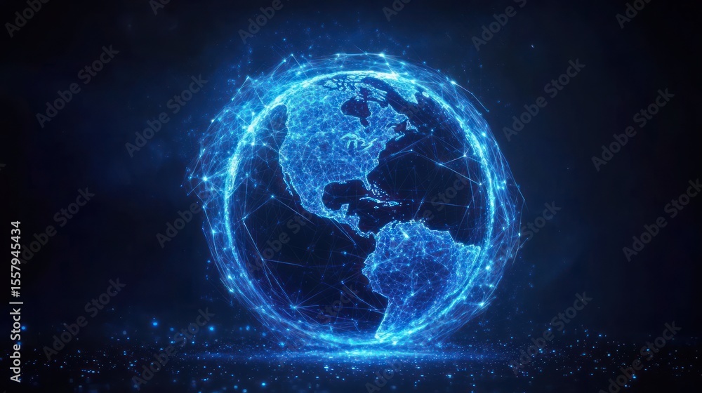 Poster digital representation of earth glowing in blue with interconnected network lines over continents in