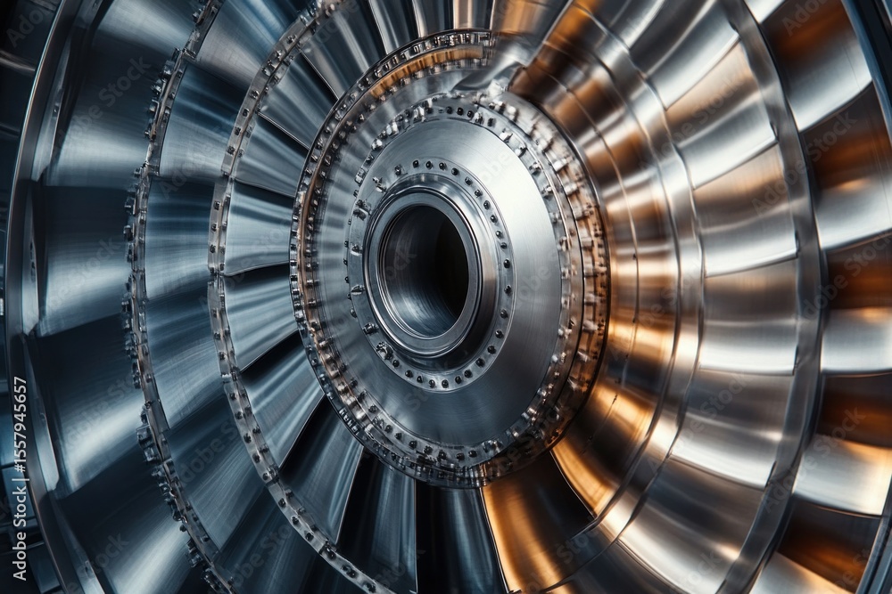 Poster close-up view of shiny metallic turbine blades arranged in circular pattern with intricate bolts and