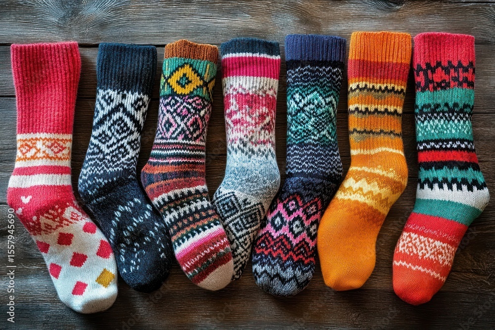 Poster seven colorful knitted socks with various traditional geometric patterns laid out in a row on a rust