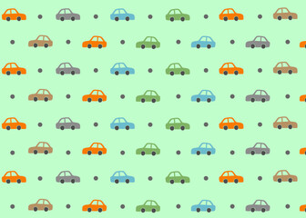 A Car illustration pattern with mint background, fabric packaging, textile illustration hand drawn print ads, kids wear business. Transportation and travel business