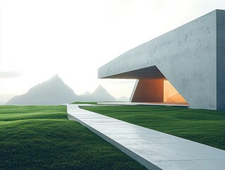 Fototapeta premium Modern concrete building with angular architecture situated on lush green grass near mountainous landscape at sunset with warm interior lighting
