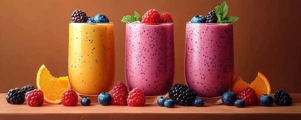 Three colorful fruit smoothies in glasses decorated with fresh berries and mint leaves on wooden surface with orange background