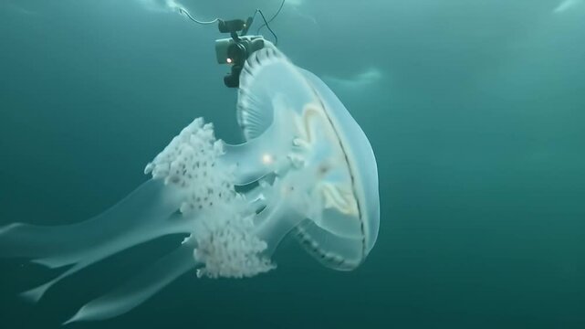 Jellyfish near diver in teal water