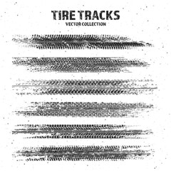 Grunge tire tracks with mud splatters, dirty wheel braking marks. Truck, car, or motorcycle tread pattern silhouettes. Perfect for off-road, motorsport, and racing designs. Vector illustration