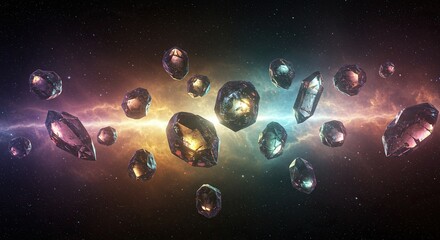 Colorful crystals scattered across a nebula in space.