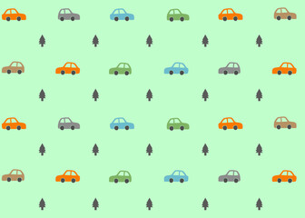 A Car illustration pattern with mint background, fabric packaging, textile illustration hand drawn print ads, kids wear business. Transportation and travel business