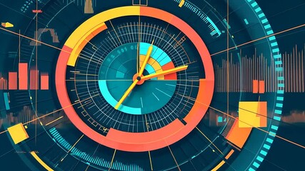 Abstract digital clock design with colorful geometric shapes, showcasing time and data visualization - Powered by Adobe