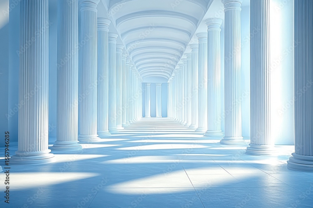 Poster long symmetrical corridor with classical tall white columns and arched ceiling bathed in soft natura
