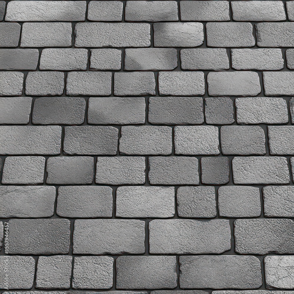 Poster close-up view of a textured grey stone brick wall with evenly arranged rectangular blocks and visibl