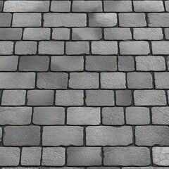 Close-up view of a textured grey stone brick wall with evenly arranged rectangular blocks and visible mortar lines