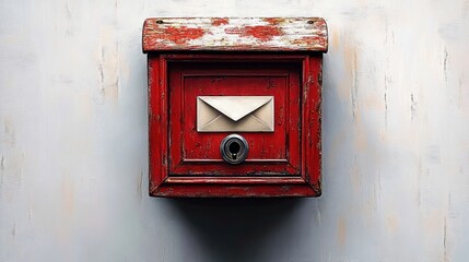worn red mailbox with a keyhole and a single beige envelope inserted on a weathered light gray wall conveying a nostalgic feeling